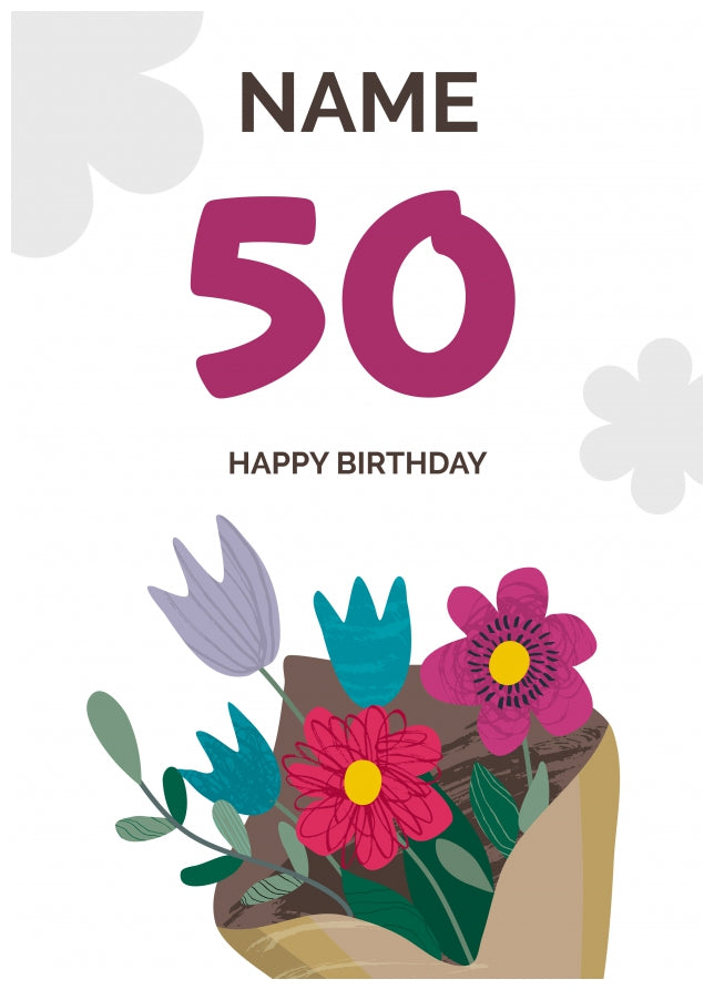 Happy 50th Birthday Card - Bouquet of Flowers