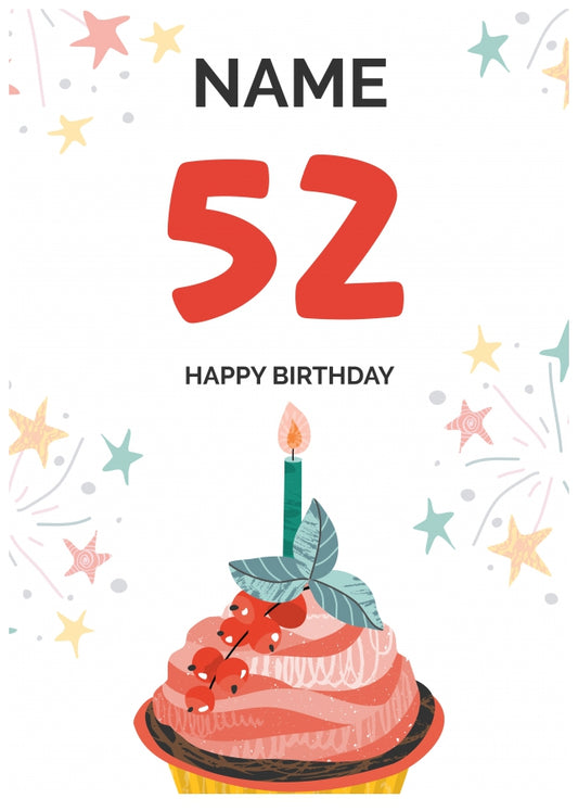 Happy 52nd Birthday Card - Fun Cupcake Design