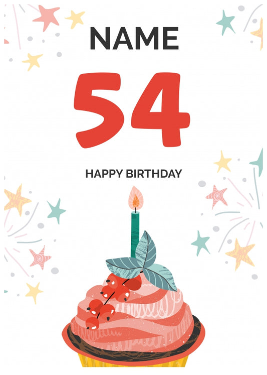 Happy 54th Birthday Card - Fun Cupcake Design