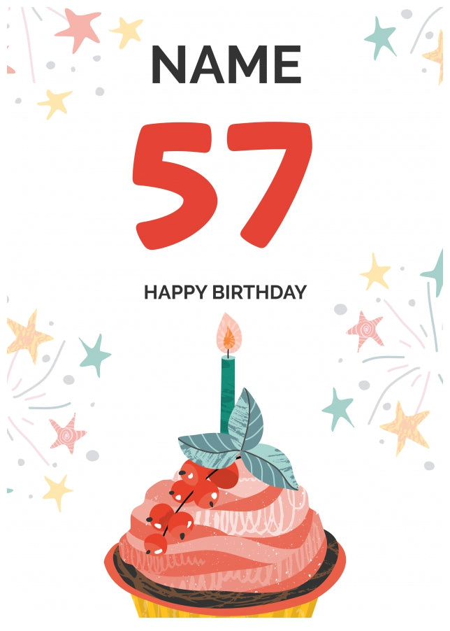 Happy 57th Birthday Card - Fun Cupcake Design