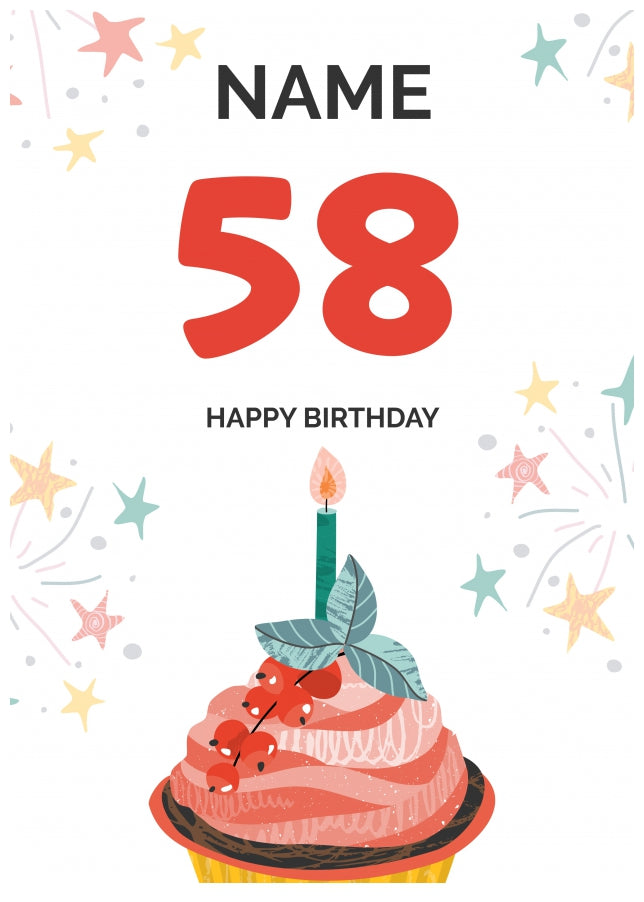 Happy 58th Birthday Card - Fun Cupcake Design