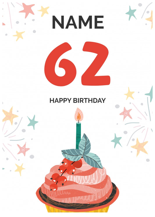 Happy 62nd Birthday Card - Fun Cupcake Design