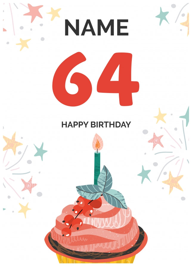 Happy 64th Birthday Card - Fun Cupcake Design