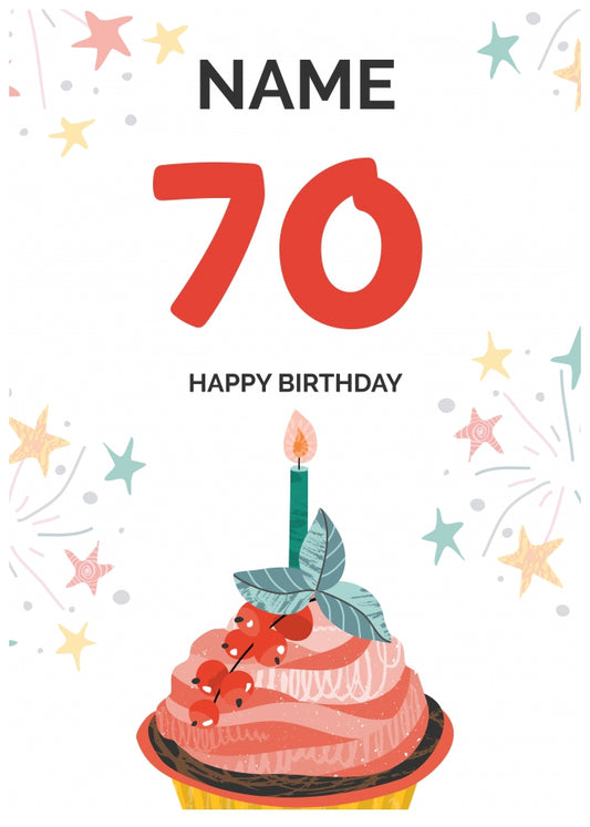 Happy 70th Birthday Card - Fun Cupcake Design