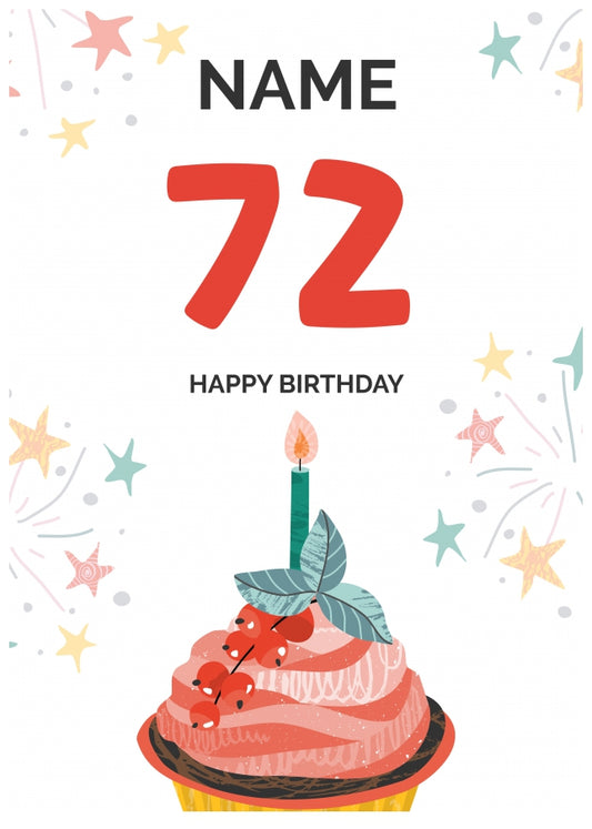 Happy 72nd Birthday Card - Fun Cupcake Design