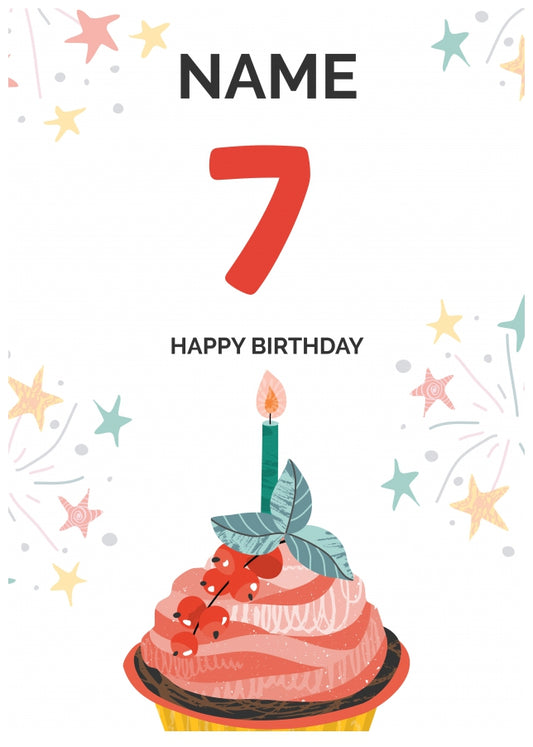 Happy 7th Birthday Card - Fun Cupcake Design