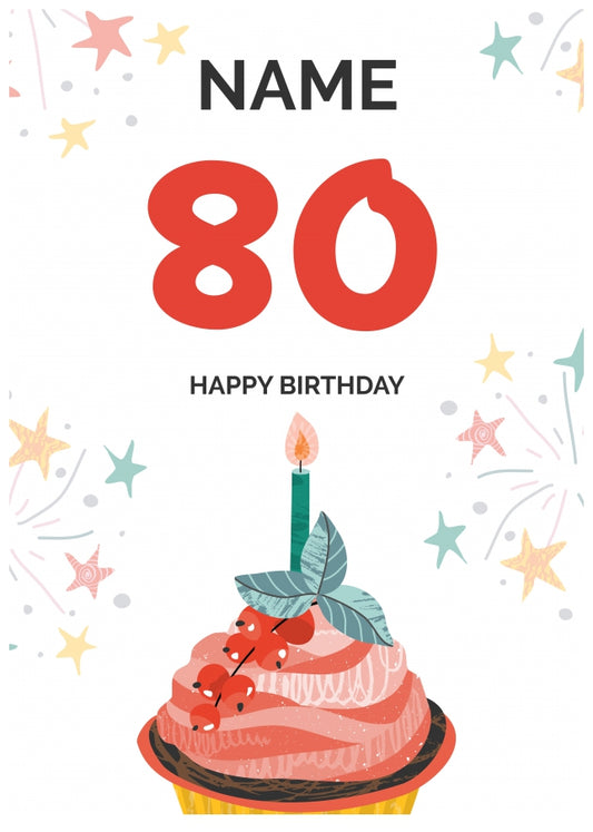 Happy 80th Birthday Card - Fun Cupcake Design