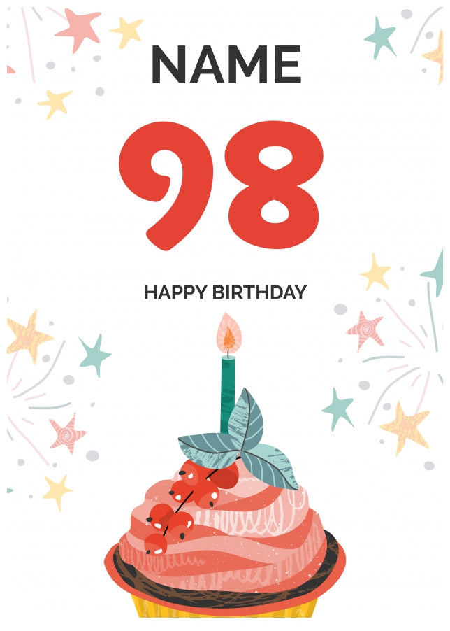 Happy 98th Birthday Card - Fun Cupcake Design