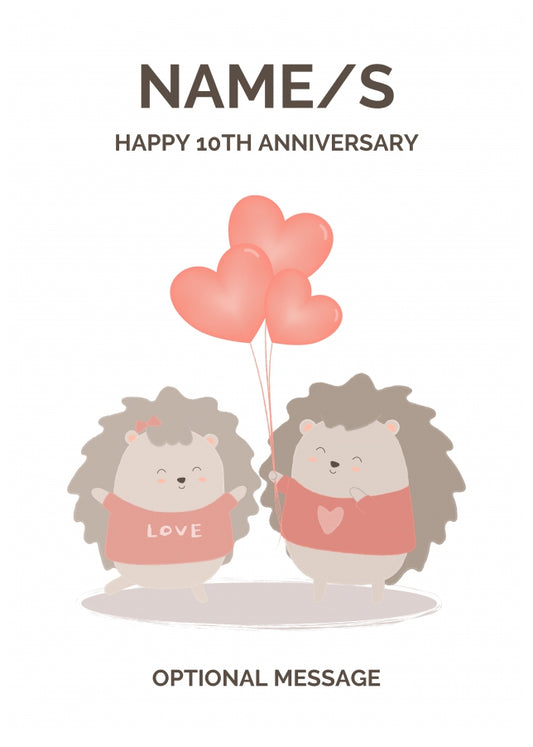 Hedgehog 10th Wedding Anniversary Card for Couples