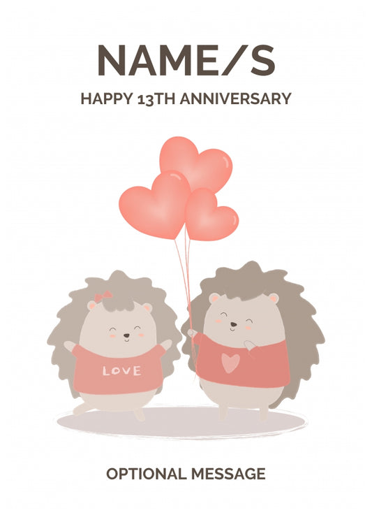 Hedgehog 13th Wedding Anniversary Card for Couples