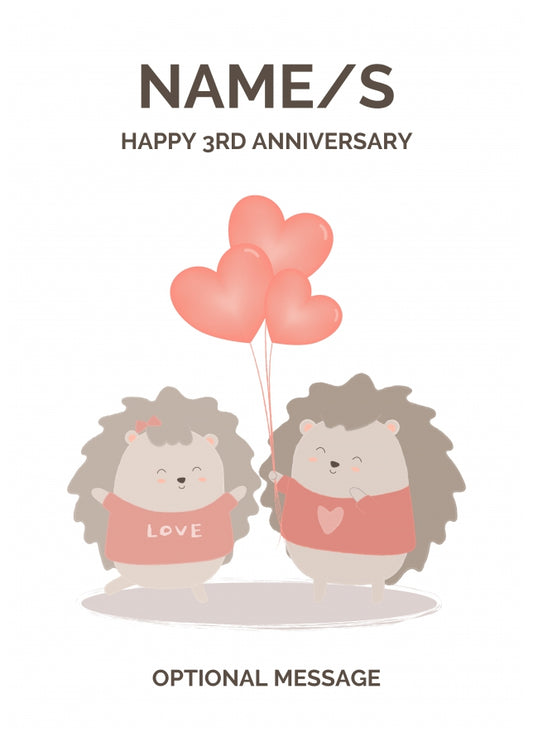 Hedgehog 3rd Wedding Anniversary Card for Couples