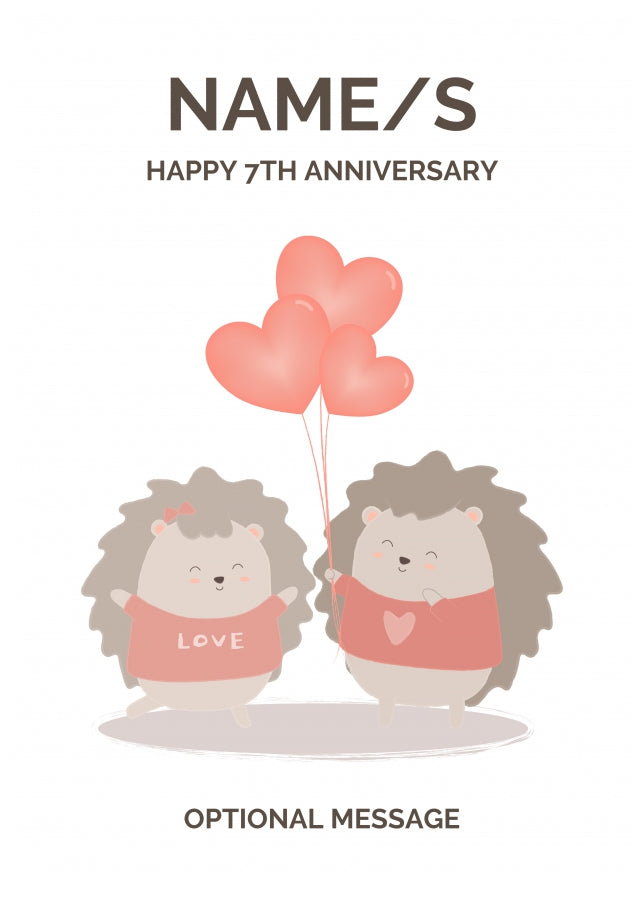 Hedgehog 7th Wedding Anniversary Card for Couples