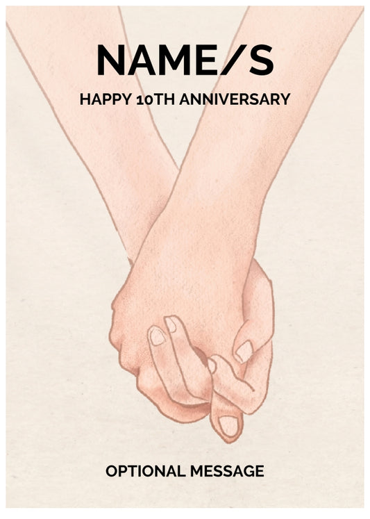 Holding Hands 10th Wedding Anniversary Card for Couples