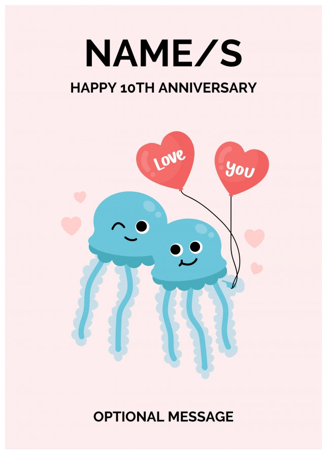 Jellyfish 10th Wedding Anniversary Card for Couples