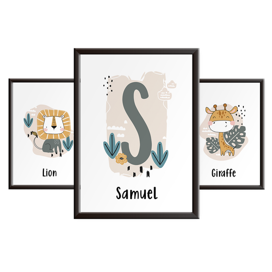 Personalised Jungle Animal Nursery Print Set 3 - Lion and Giraffe