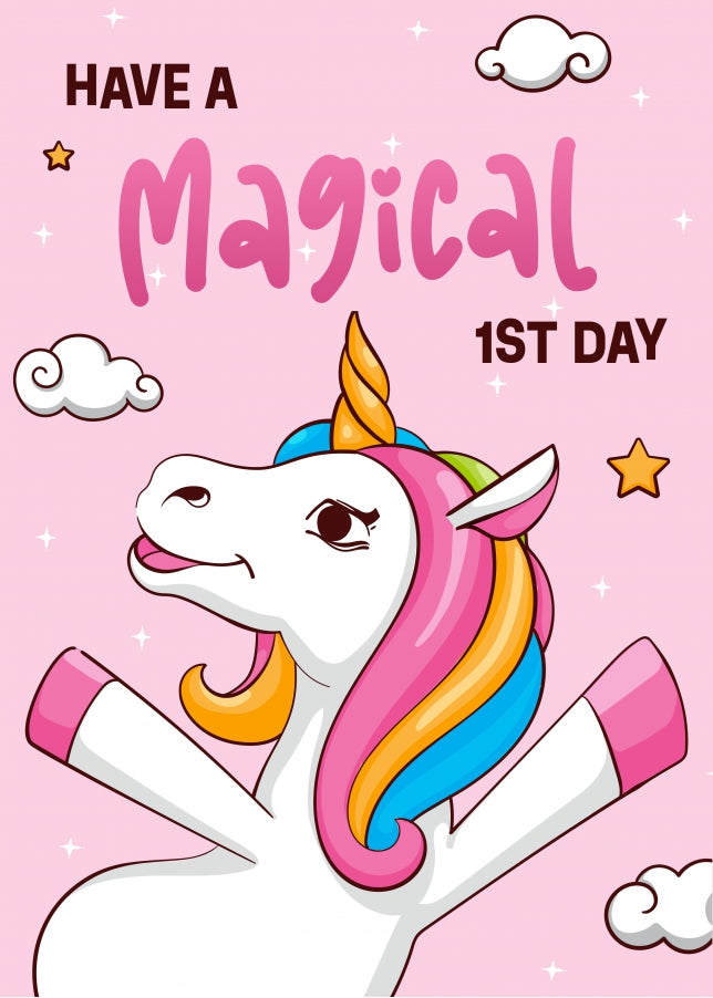 Unicorn First Day at School Card - Enjoy a Magical 1st Day at Nursery Card for Girls