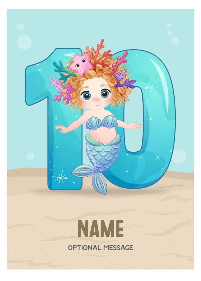Girls 10th Birthday Card for Kids Age 10 Yrs - Mermaid