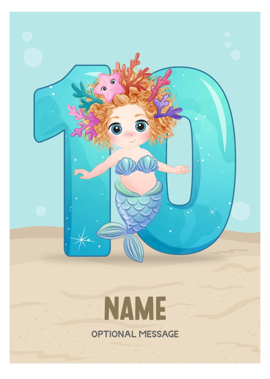 Girls 10th Birthday Card for Kids Age 10 Yrs - Mermaid