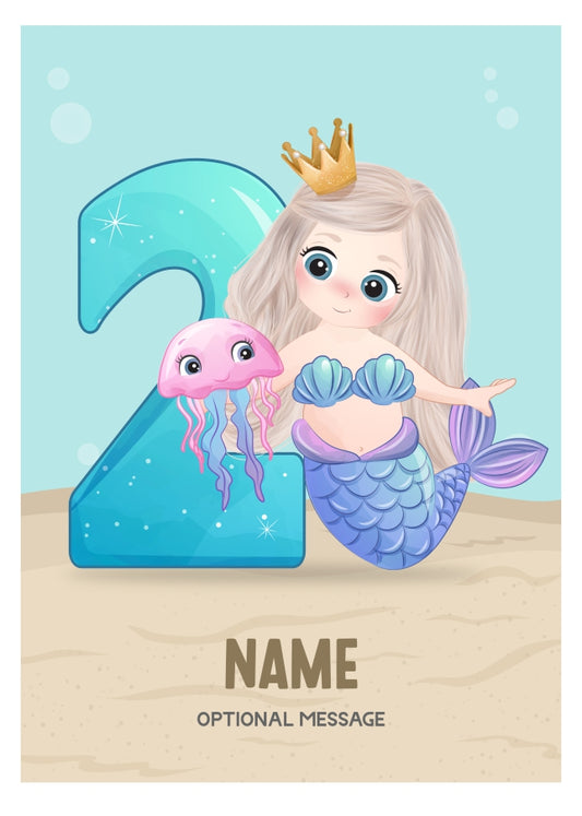 Girls 2nd Birthday Card for Kids Age 2 Yrs - Mermaid
