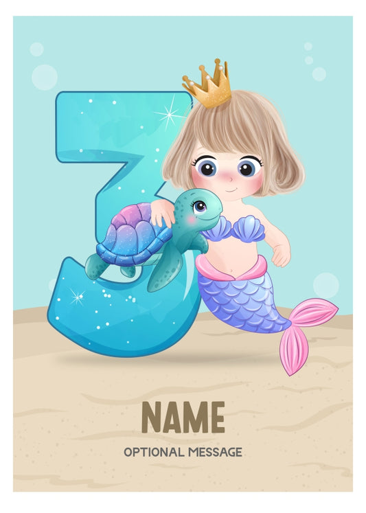 Girls 3rd Birthday Card for Kids Age 3 Yrs - Mermaid
