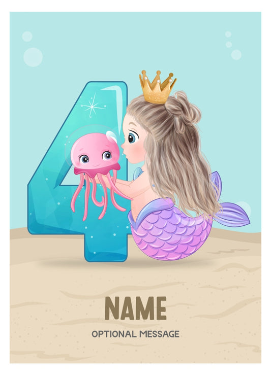 Girls 4th Birthday Card for Kids Age 4 Yrs - Mermaid