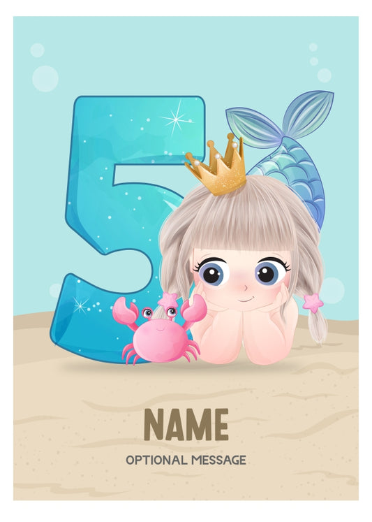 Girls 5th Birthday Card for Kids Age 5 Yrs - Mermaid