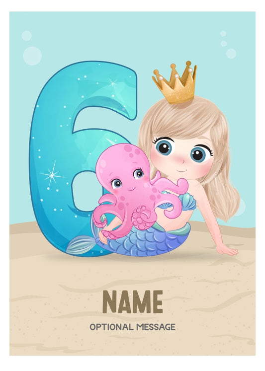 Girls 6th Birthday Card for Kids Age 6 Yrs - Mermaid