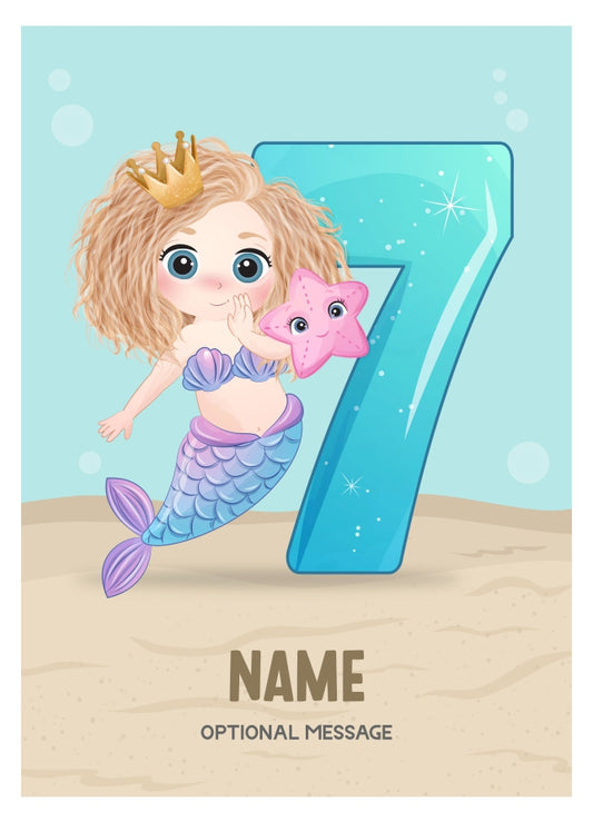Girls 7th Birthday Card for Kids Age 7 Yrs - Mermaid