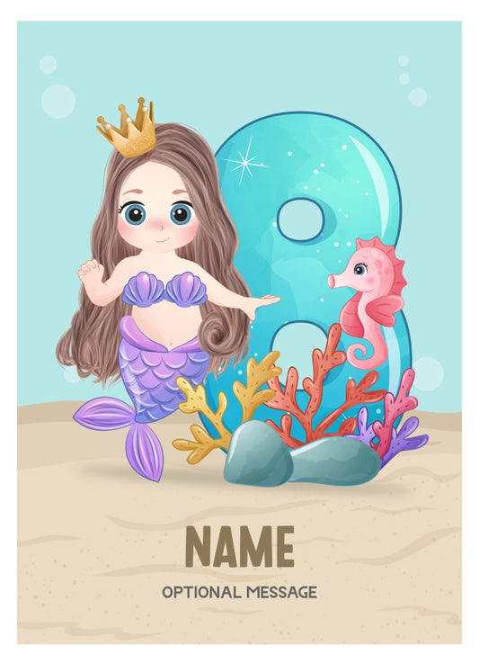 Girls 8th Birthday Card for Kids Age 8 Yrs - Mermaid