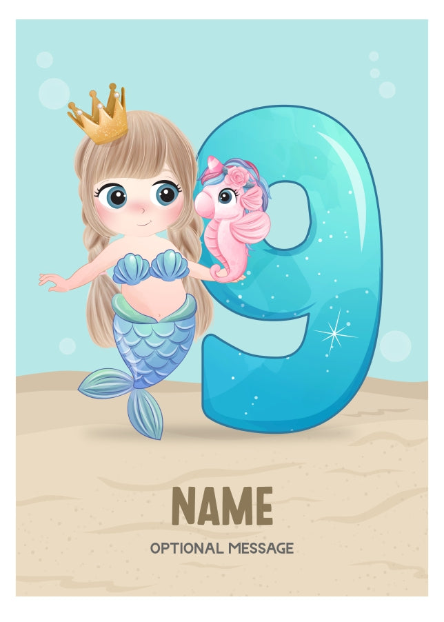 Girls 9th Birthday Card for Kids Age 1 Yrs - Mermaid