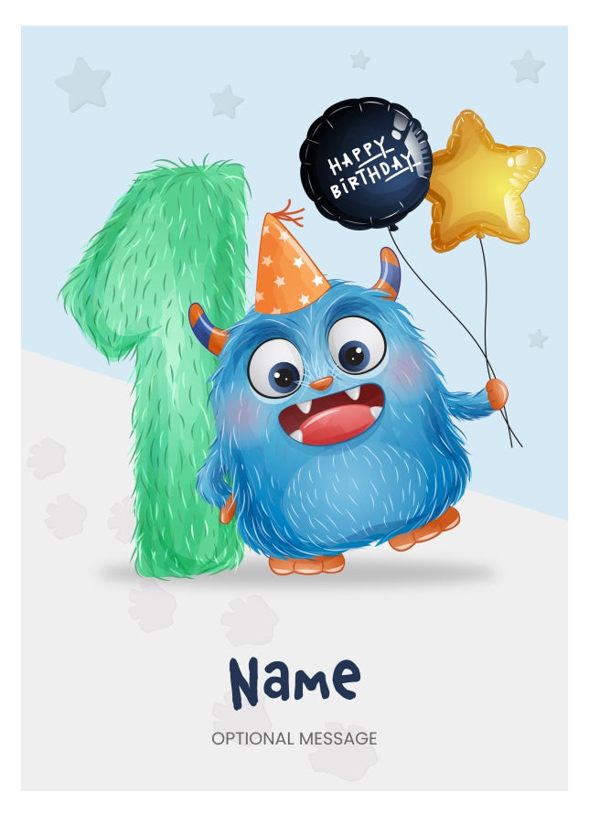 Boys 1st Birthday Card for Kids Age 1 Yrs - Monster