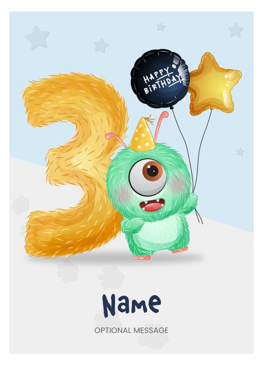 Boys 3rd Birthday Card for Kids Age 3 Yrs - Monster