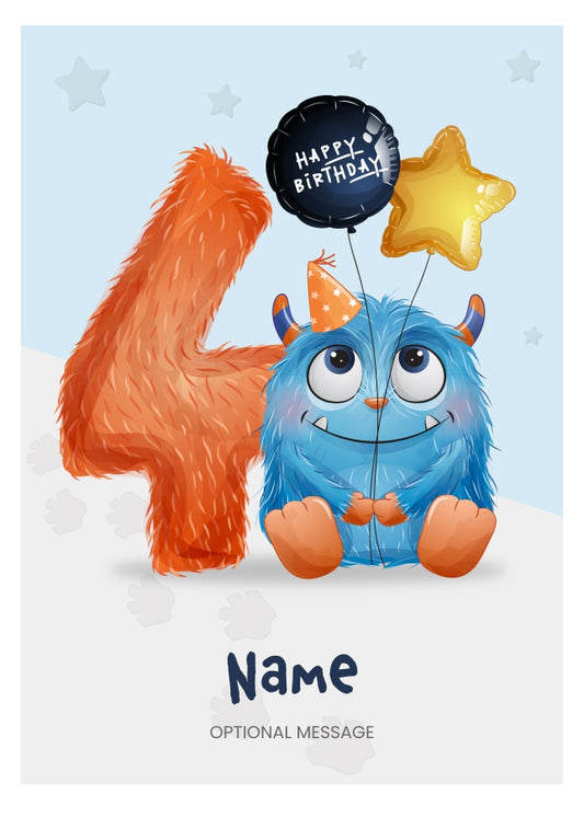 Boys 4th Birthday Card for Kids Age 4 Yrs - Monster