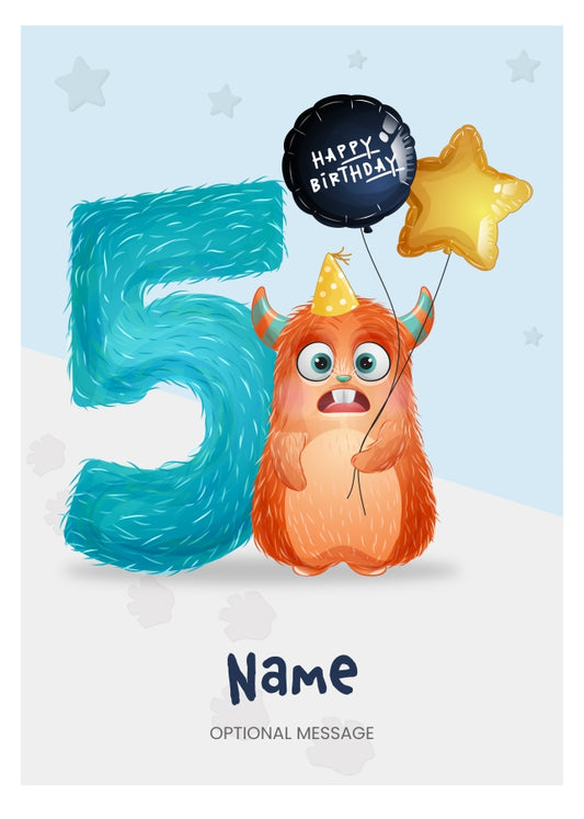 Boys 5th Birthday Card for Kids Age 5 Yrs - Monster