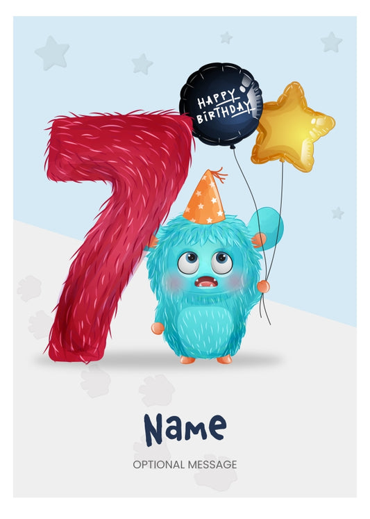 Boys 7th Birthday Card for Kids Age 7 Yrs - Monster