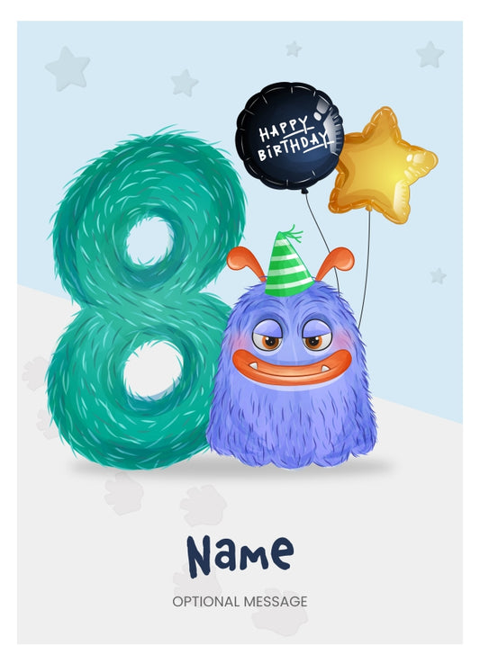 Boys 8th Birthday Card for Kids Age 8 Yrs - Monster