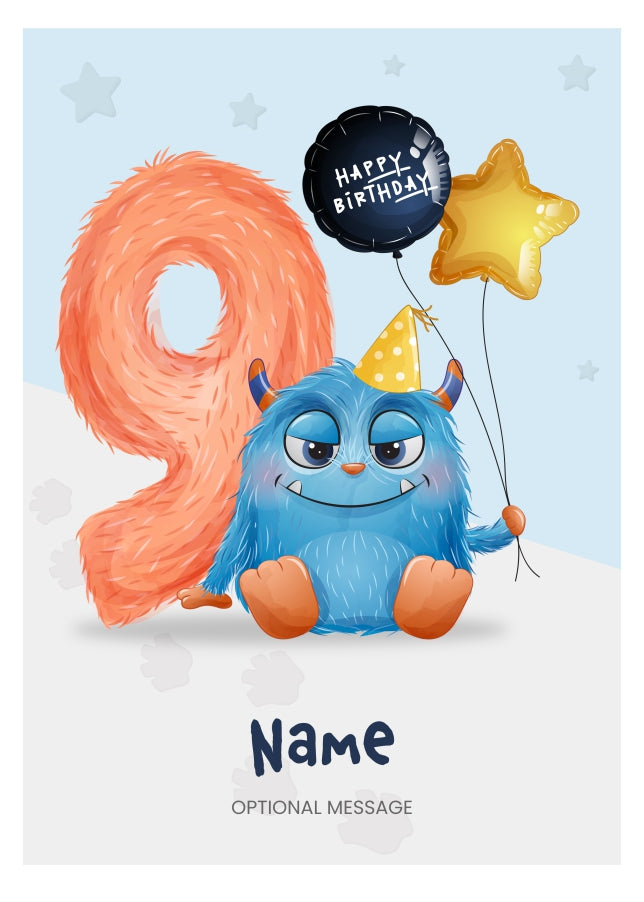 Boys 9th Birthday Card for Kids Age 9 Yrs - Monster