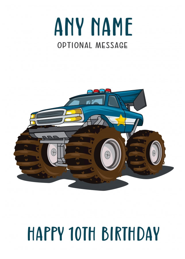 10th Birthday Card for Any Name - Police Monster Truck