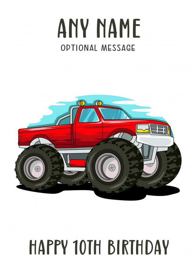 10th Birthday Card for Any Name - Red Monster Truck