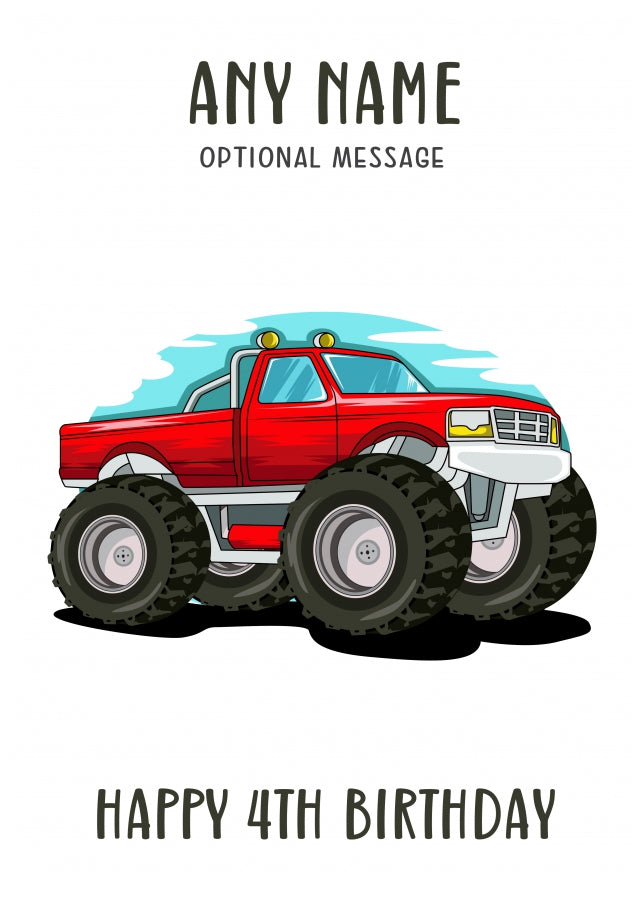 4th Birthday Card for Any Name - Red Monster Truck