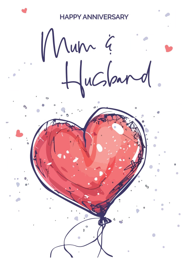 Mum and Husband Anniversary Card - Red Heart Shaped Balloon