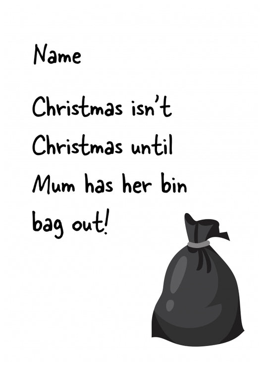 Funny Christmas Card About Mum & Her Bin Bag - Sister / Brother Christmas Cards