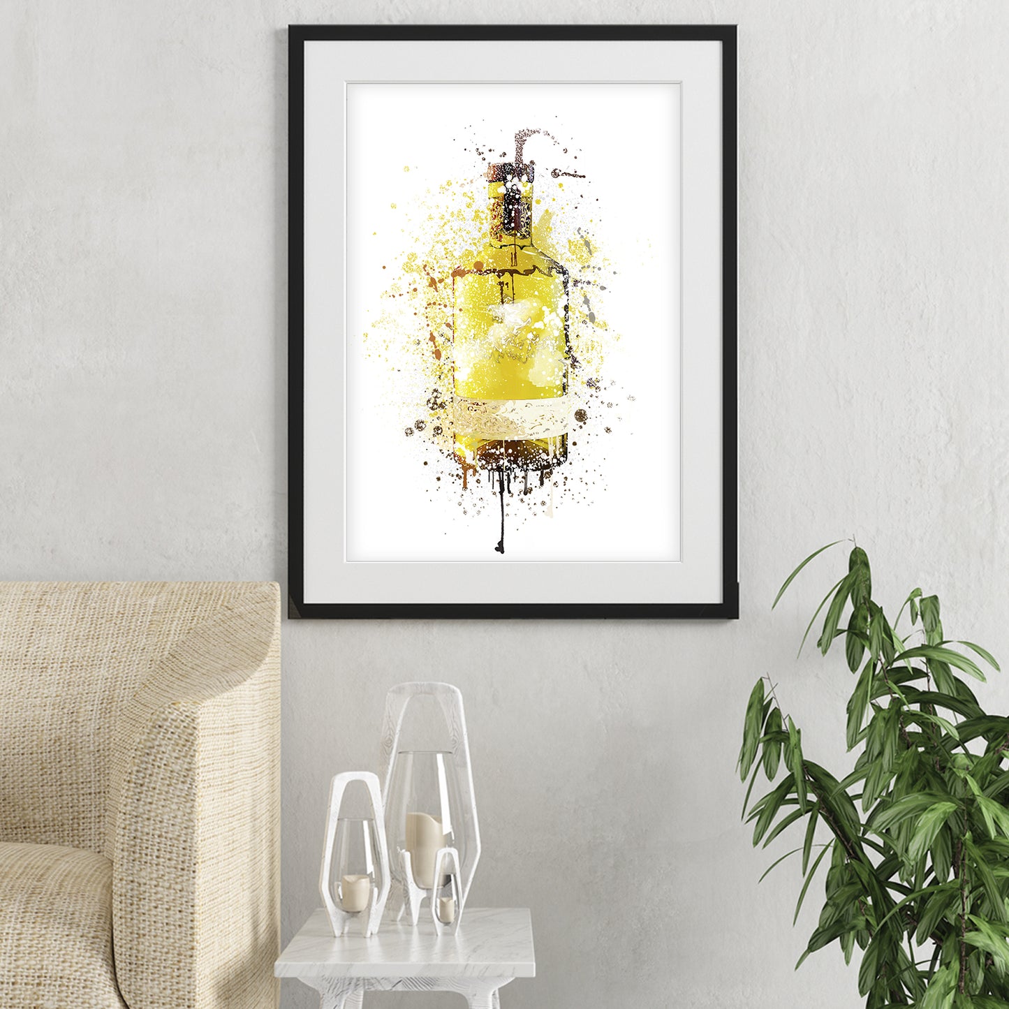 gin bottle wall art shown in a living room