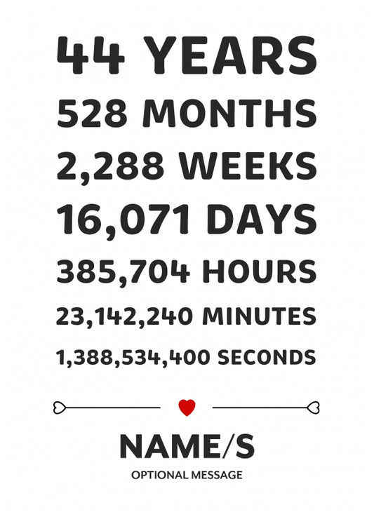 44th Anniversary Card for Couples - 44 Year Anniversary in Numbers D1