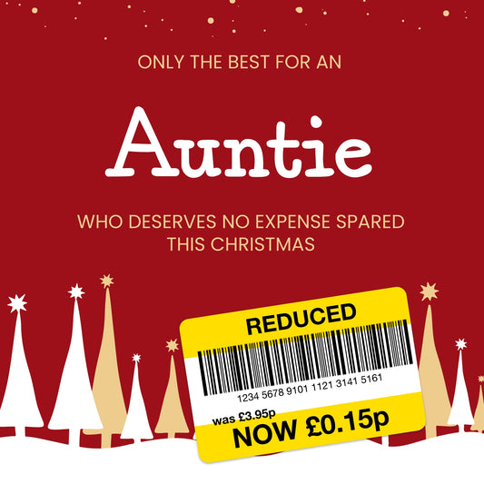 Funny Christmas Card for Auntie - Reduced Sticker, Xmas Tree Scene