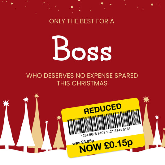 Funny Christmas Card for Boss - Reduced Sticker, Xmas Tree Scene