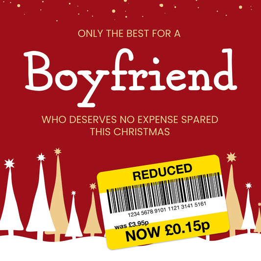 Funny Christmas Card for Boyfriend - Reduced Sticker, Xmas Tree Scene