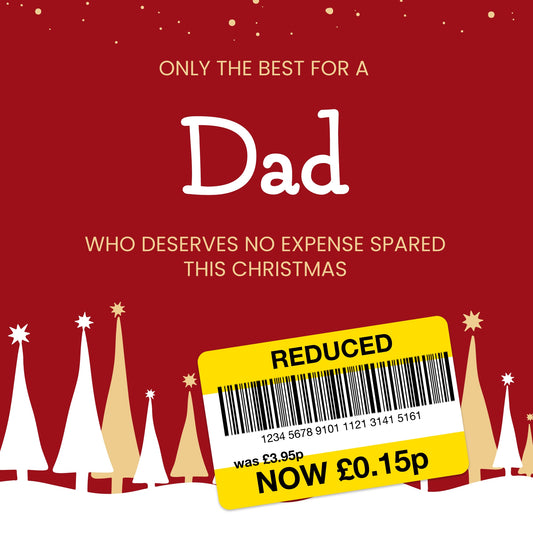 Funny Christmas Card for Dad - Reduced Sticker, Xmas Tree Scene