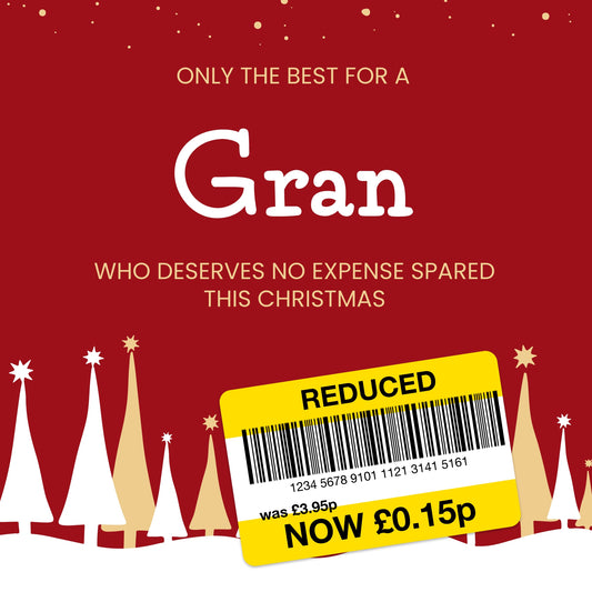 Funny Christmas Card for Gran - Reduced Sticker, Xmas Tree Scene