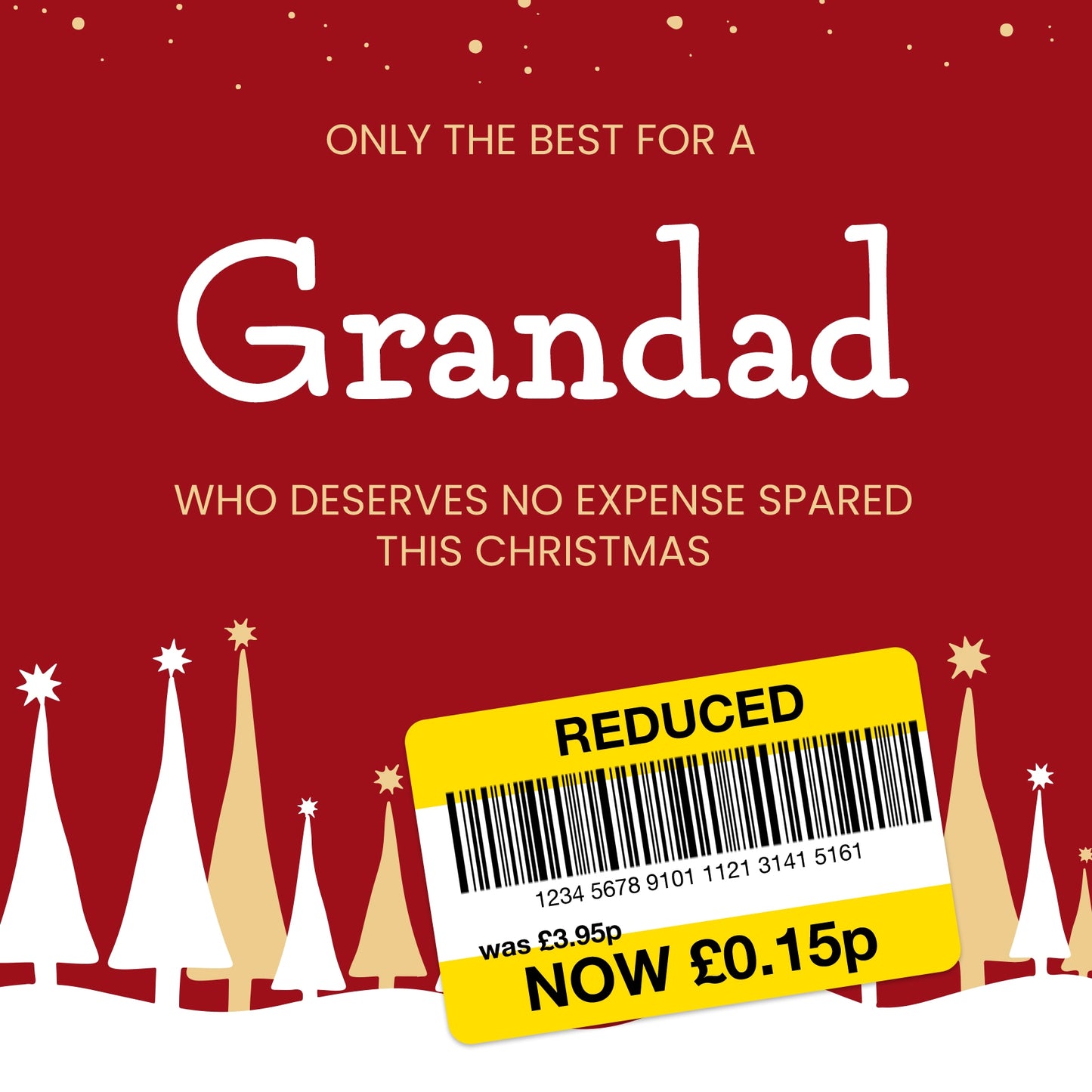 Funny Christmas Card for Grandad - Reduced Sticker, Xmas Tree Scene